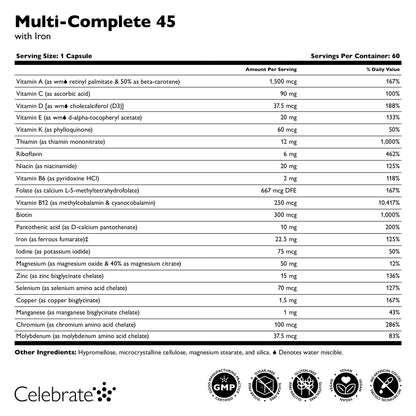 Celebrate - MultiVitamin Complete 45 - Multivitamin with Iron - 180 Capsules