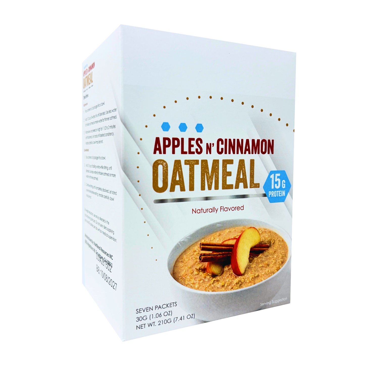 Box of Proteinwise Apples n' Cinnamon Oatmeal with a bowl of oatmeal on the label.