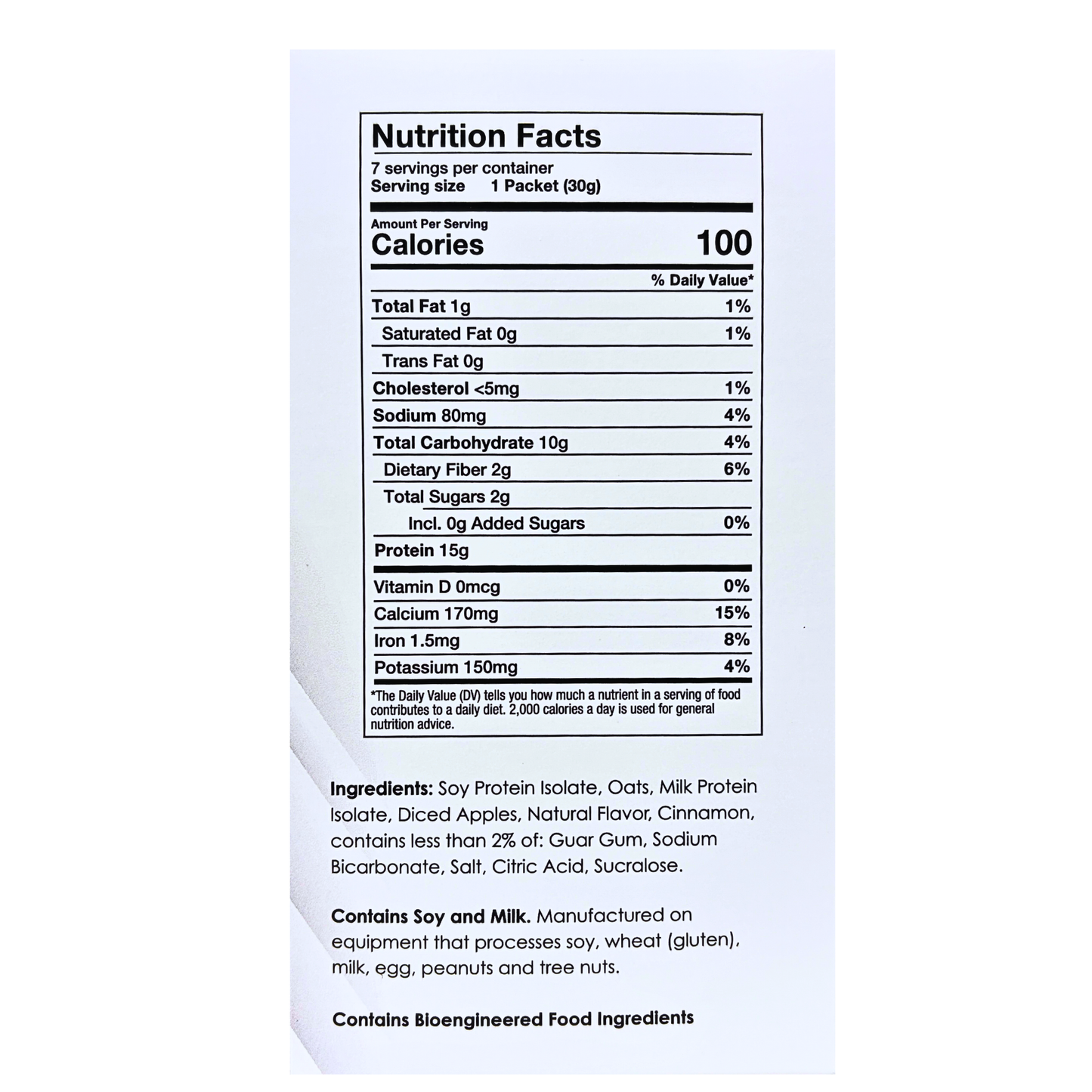 Proteinwise Apple Cinnamon Oatmeal Nutrition facts label on a white background