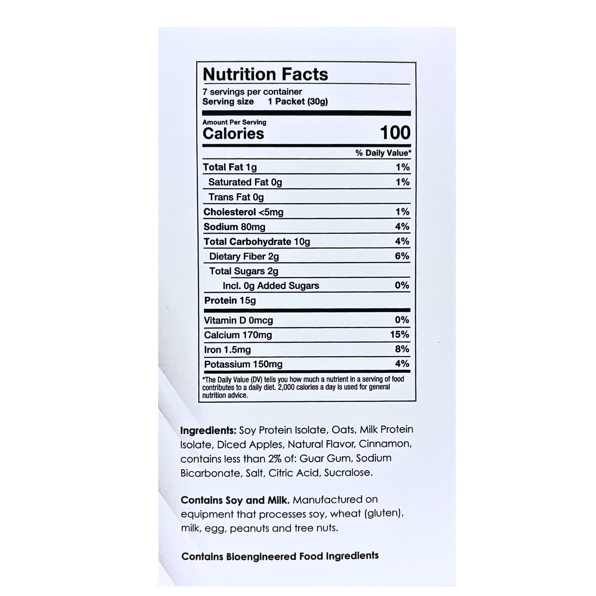 Proteinwise Apple Cinnamon Oatmeal Nutrition facts label on a white background