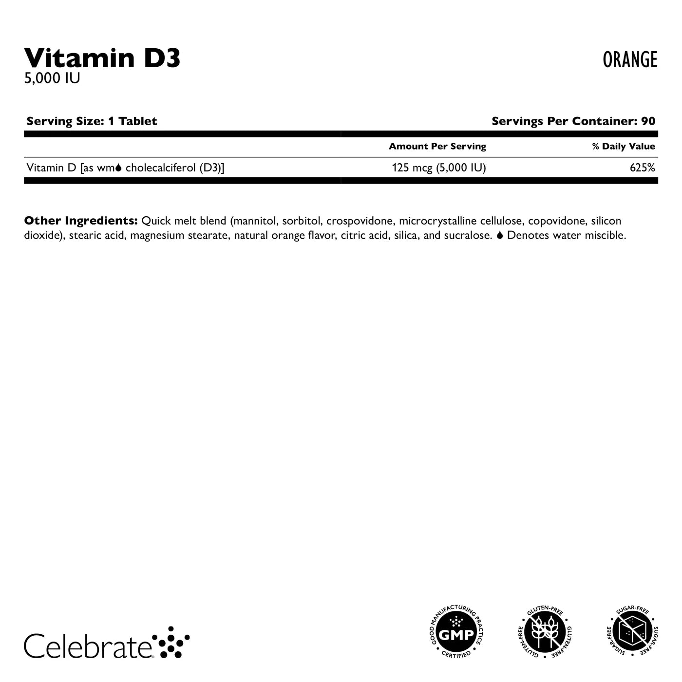 Celebrate Vitamins - Vitamin D3 - Orange - 5,000 IU - 90 Tablets